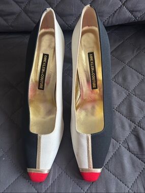 Three -Tone Black, red & White Pumps with gold Accent